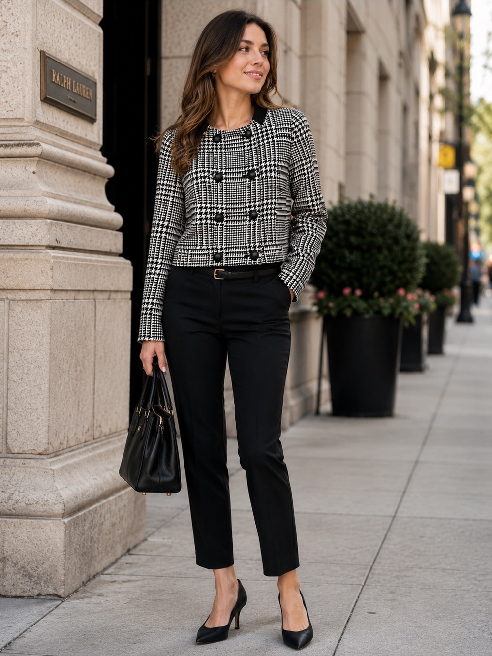 Anne Klein Houndstooth Cropped Jacket – Size 6P | Black & Cream |